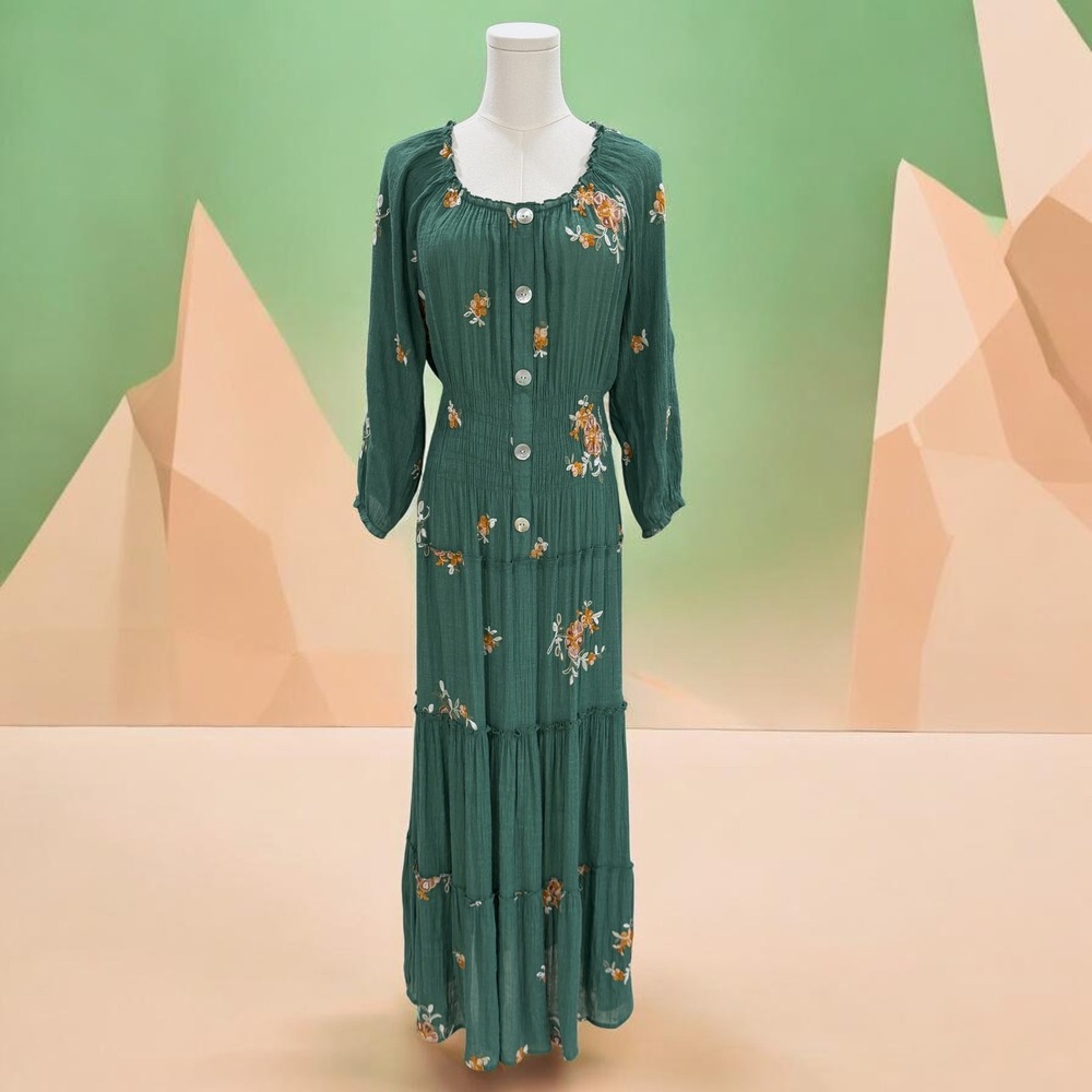 Green Embroidered Floral Maxi Dress Sheer Boho Cottagecore Peasant Tiered Sleeve